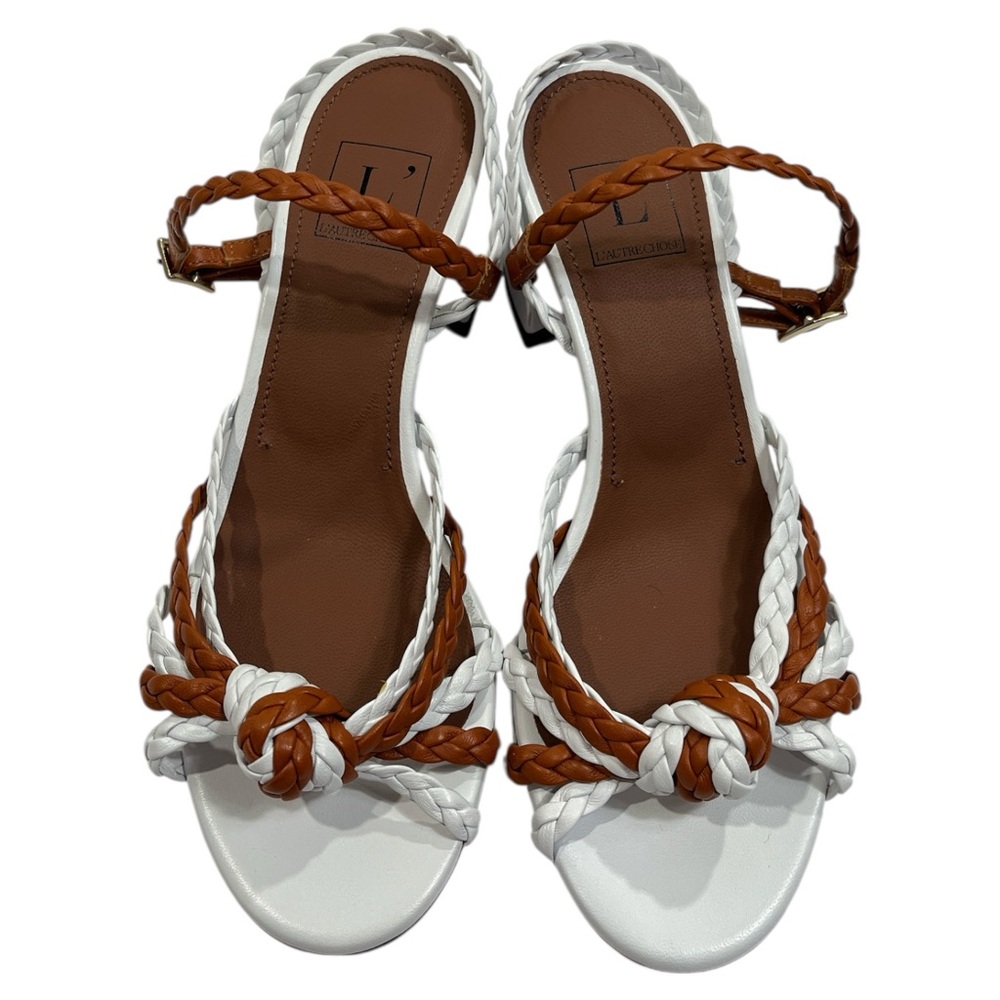 L'AUTRE CHOSE Italy Braided Ankle Strap Leather Sandal size 6 in White/Brown